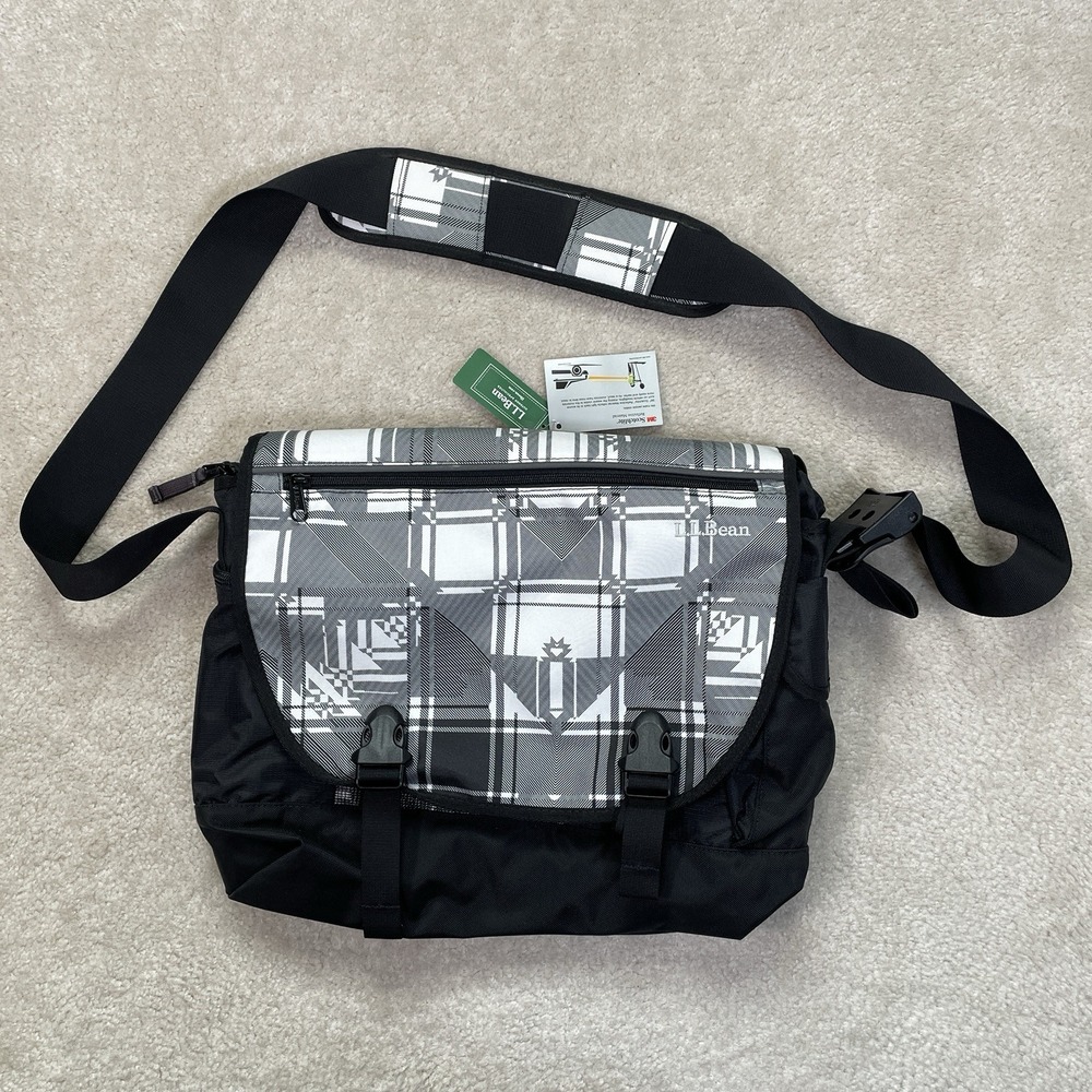 L.L. BEAN Messenger Bag Shoulder Medium Strap Push Lock Logo Black Print - Picture 1 of 10